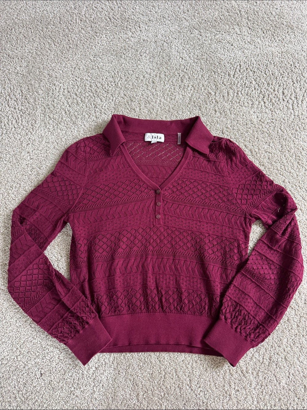 &ISLA Maroon Eyelit Cotton Knit Collared Cropped Button Down Sweater S